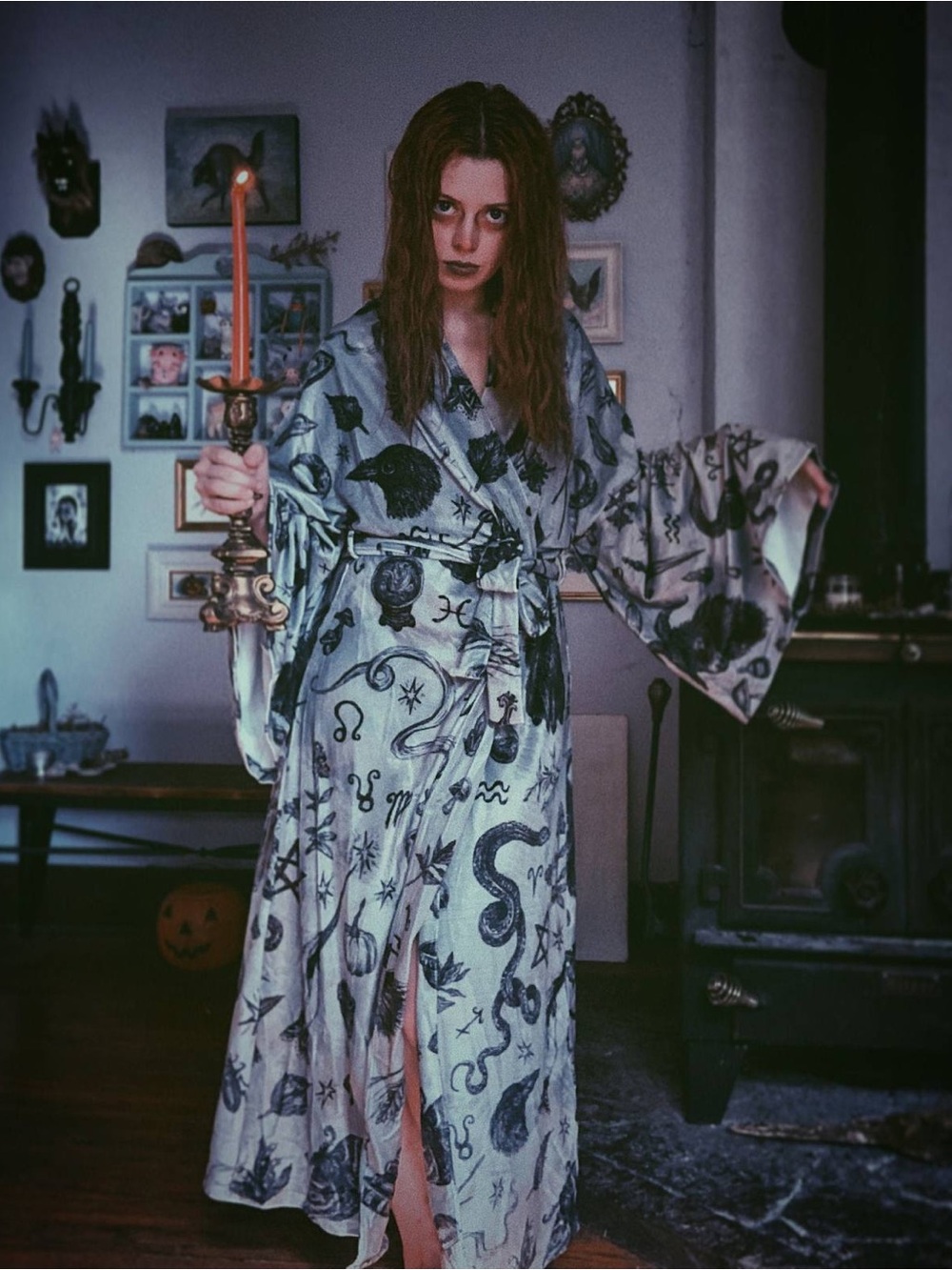 Brett Manning gray velvet witchy kimono robe with black magical print